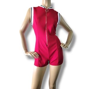 WinWin Red Front Zip Retro Romper With Black & White Contrast Ribbing